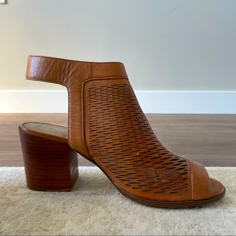 Vince Camuto peep toe bootie. Lightly worn, brown leather bootie size 9.